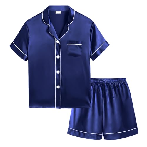 SWOMOG Kids Silky Satin Pajamas Set Girls Boys Button-Down Sleepwear Short Sleeve 2 Piece PJs Sets Lounge Sets