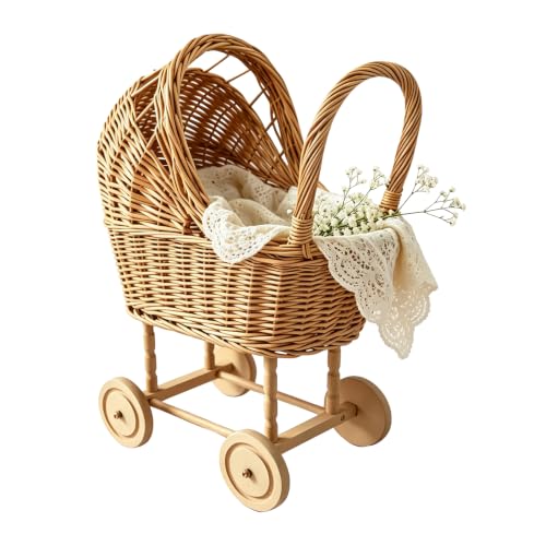 Vintage Wicker Stroller-Style Flower Basket with Wheels Woven Rattan Stroller Shaped Flower Basket Perfect for Wedding Party Flower Decorations and Gifts for New Parents