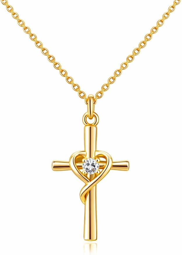 14K Gold Cross Necklace for Women Heart Dainty Small Crucifix Pendant Necklace Chain