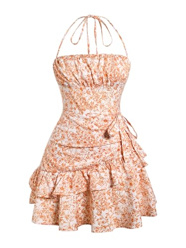Image of Floerns Women's Floral Halter Ruffle Tiered Cute Summer Mini Dress Milkmaid Vacation Sundress
