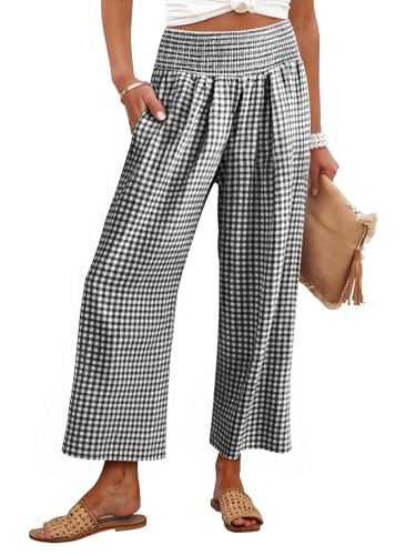 ANRABESS Womens Striped Gingham Palazzo Pants Black White Plaid S