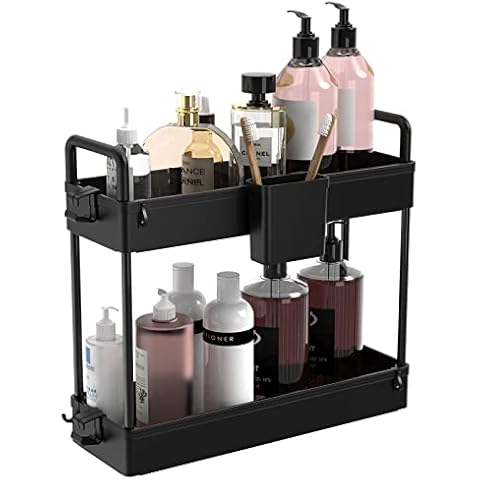 Ronlap Under Sink Storage, 2 Tier Kitchen Organizer, Kitchen Storage Shelf, Multifunctional Bathroom Organizer with Hanging Cups, Hooks, Black Cover
