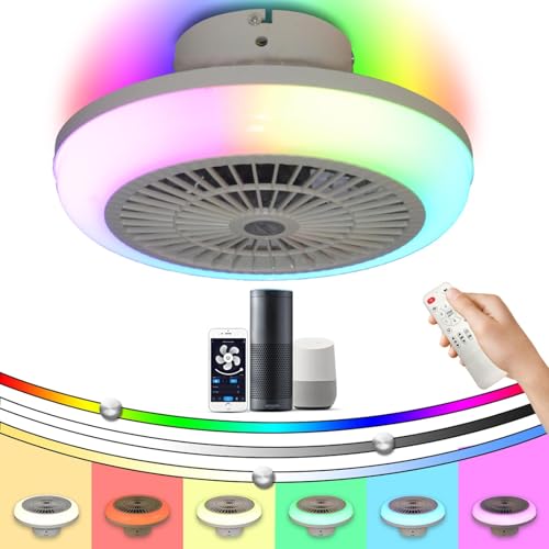 YFHKWJ RGB Alexa Ceiling Fan with Lights Modern Bluetooth Fan Light Ceiling Colour Changing 6-Speed Remote Control RGB Color Flush Mount Enclosed Low Profile Ceiling Fan for Boys Girls Kids Bedroom