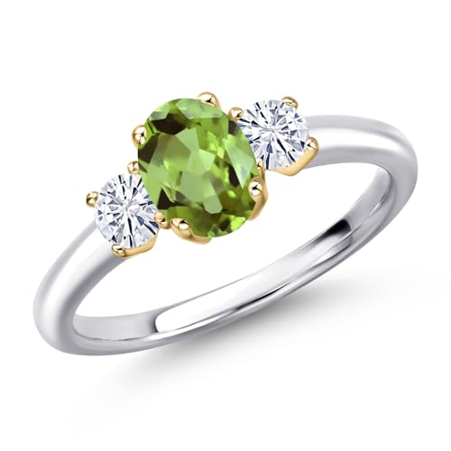 Gem Stone King 10K 2 Tone Gold Green Peridot and White Moissanite 3-Stone Engagement Ring For Women | 1.22 Cttw | Oval 7X5MM and Round 3.5MM | Available in Size 5,6,7,8,9