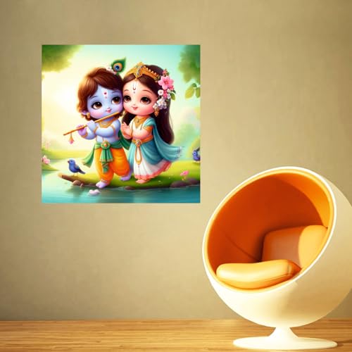 Image of Akki World Bal Radha Krishna With Basuri God Wall Poster For Pooja Room, Kids Room, Offcie (Size - 46Cm X 46Cm)
