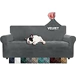 XINEAGE 1 Piece Velvet Couch Covers for 3 Cushion Couch Living Room High Stretch Sofa Cover Pets Dogs Friendly Anti Slip Thickened Slipcovers Furniture Protector (3 Seater, Grey)