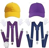 Santoy Super Wari and Walugi Halloween Cosplay Costume- Includes Adult Unisex Yellow Hat and Purple Cap, Mustache, Gloves, Buttons, Suspenders Accessories for Men and Women Party Supplies, standard