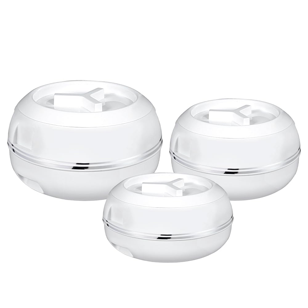 M1SS Set of 3 - Casserole Jumbo Set (5500, 7500, 10000 ML) Insulated Dishes | Double Wall Serving Set | Food Container, Lockable Lid Hot Pot | Stainless Steel Inner, BPA-Free Keep Food Warm | White