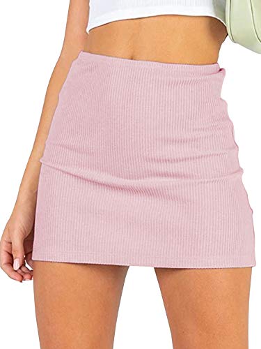 LYANER Saia feminina básica de malha canelada elástica curta, curta, colado ao corpo, rosa, PP