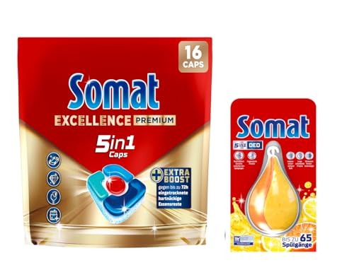 SOMAT 5in1 Caps 16 AW Excellence Premium, schnellauflösende Spülmaschinentabs, entfernen hartnäckige Essensreste + Somat Duo Power Experten Deo Perls 60 AW Zitrone & Orange Duft 17g