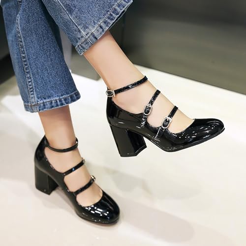 Women's Mary Janes Chunky High Heels Pumps,Vintage Patent Leather Adjustable Triple Strap Buckle Comfort Round Toe Closed Toe Sweet Office Wedding Party Dress Shoes4