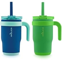REDUCE 14 oz Coldee Tumbler with Handle for Kids - 2 Pack, Leakproof Insulated Stainless Steel Mug with Lid & Spill-Proof Straw, Keeps Drinks Cold up to 18 Hrs, Clover Green and Nautical Mist
