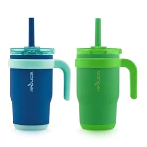 REDUCE 14 oz Coldee Tumbler with Handle for Kids - 2 Pack, Leakproof Insulated Stainless Steel Mug with Lid & Spill-Proof Straw, Keeps Drinks Cold up to 18 Hrs, Clover Green and Nautical Mist