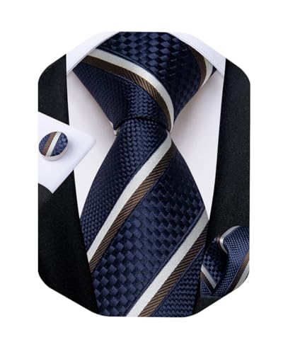 Image of DiBanGu Striped Tie Set for Men Silk Woven Plaid Necktie and Pocket Square Cufflinks Business Wedding