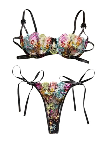 Image of Lilosy Sexy Tie Side Cute Underwire Push Up Strappy Embroidered Mesh Sheer Lingerie Set