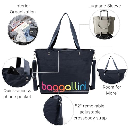 Image of Baggallini Carryall Tote - Lightweight Nylon Zipper Top Weekender Travel Beach Bag w /Luggage Sleeve