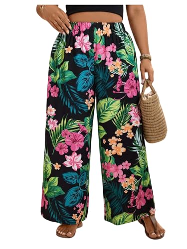 MakeMeChic Women's Plus Size Floral Palazzo Pants Elastic Waist Wide Leg Tropical Print Summer Trousers