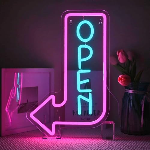 Image of Looklight Open Arrow Neon Sign for Wall Decor Blue Pink LED Light Sign Decoration for Shop Bar Cafe Party Bookstore Supermarket Gym, Get Your Business Seen Day Or Night