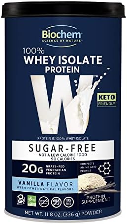 Biochem 100% Whey Sugar-Free Vanilla 20g, 11.8oz, Certified Vegetarian, Certified Gluten Free, Certified Non-GMO Tested, Keto Friendly, Grass-Fed