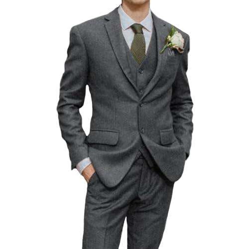 Retro 3 Piece Brown Grey Tweed Herringbone Men's Suits Slim Fit Groom Tuxedos Prom Blazer Custom Jacket Vest Pants XS
