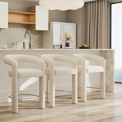 CIMOTA 26’’ Modern Counter Height Bar Stool Set of 3, Leather Barrel Bar Chairs with Open Back/Arms, Comfortable Breakfast Kitchen Island Barstools for Home Bar, PU Grey