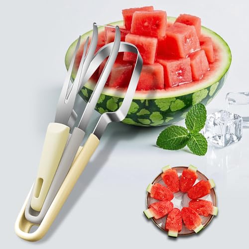 Melonenschneider 3 in 1 Wassermelonen Schneider Melonenschneider Edelstahl Geeignet für Familie Party Camping (Beige)