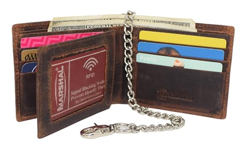 Distressed Vintage Leather Patriot American Flag Wallet -GOD BLESS AMERICA’ RFID Blocking Leather US Flag Men's Bifold Western Style Wallet (Brown with Chain)2