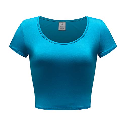 OThread & Co. Women s Basic Crop Tops Stretchy Casual Scoop Neck Cap Sleeve Shirt (Medium, Sky Blue)