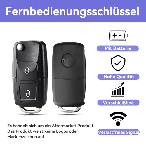 2-Tasten Flip Autoschlüssel mit 433MHz ID48 Chip und Batterie, kompatibel mit VW Golf 4 5 6, Passat, Polo, Bora, Touran, T5 (OEM: 1J0959753AG)