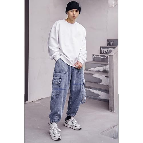 Men's High Street Multi Pocket Cargo Denim Casual Pants Drawstring Pants with Streamers Mens Baggy Blue Trousers3