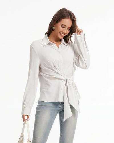 Fyralis Women's Dressy Long Sleeve Button Down Blouse with DIY Knot, Business Casual Lightweight Solid Shirt (US, Alpha, Medium, Regular, Regular, White) — view 4
