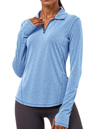Image of Gyabnw Long Sleeve Yoga Tops for Women UK Gym Running Jacket Workout Sport Tshirt Half-Zip Activewear with Thumb Holes Pocket Blue