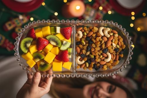 Image of Glassbunny Glass Beaded Serving Platter with Divider, 2-Section Dessert Plate, Clear Crystal Oval Shape Tray for Dry Fruits, Serving Dish, Home Decoration