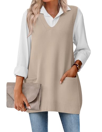Zeagoo Sleeveless Tops for Women V Neck Pullover Loose Fit Ribbed Knit Sweater Vest with Pocket Apricot