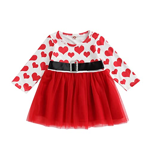 Toddler Baby Girl Valentine's Day Dress Ruffle Long Sleeve Heart Print Tulle Tutu Princess Party Dress (A-White, 3-4T)