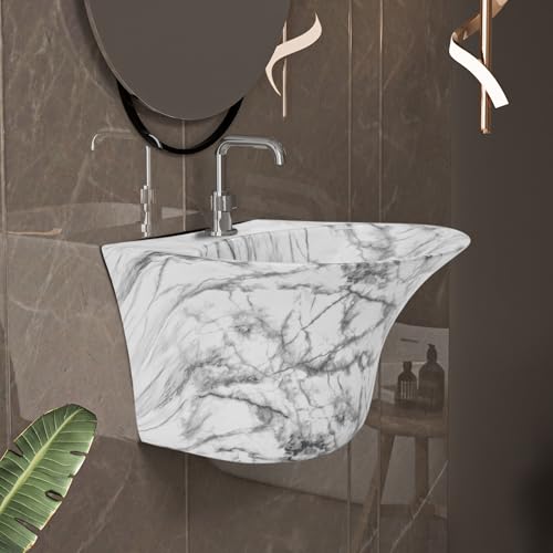Image of REMANENCE Luxury Wall Mount Half Pedestal Wash Basin for Bathroom | Designer Wall Hung Basin | Wall Mounted Washbasin for Resturent, Hotels (16 x 16 x 11 Inch) (White Black Stripe)