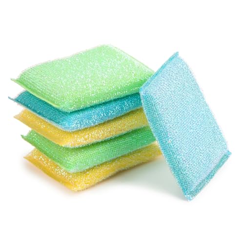 Image of Core Kitchen Iridescent Green Yellow Blue 3 x 5 Inch Knitted Nylon Long-Lasting Reusable All-Purpose Cleaning Scrub Sponges for Dishes, Stove Top, Counters, Bath, 6 Piece Set, 24491
