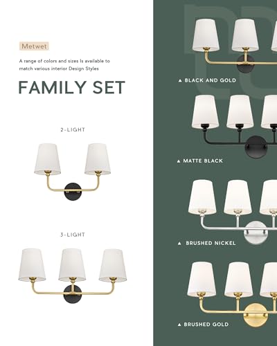 Image of 2-Light Bathroom Light Fixtures, Black and Gold Vanity Lights, Double Wall Sconce with Flared White Fabric Shade, Modern Sconces Wall Lighting for Hallway Bedroom Stairway, VL837-KG-2