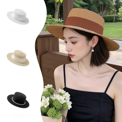 Sombreros de paja para mujer con ala ancha y copa plana miniatura 5