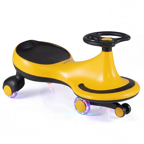 Image of HONEY JOY Wiggle Car, 2 in 1 Swing Car for Kids, LED PU Flashing Wheels, No Batteries, Gears or Pedals, Uses Twist, Turn, Ride On Toy for Toddlers Boys Girls(Yellow)