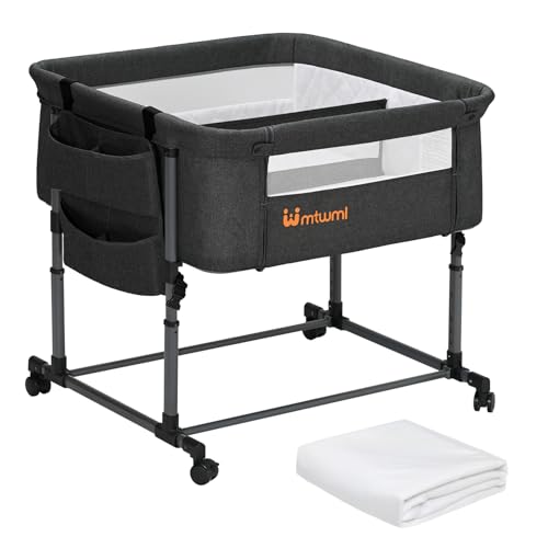 Image of MTWML Twin Bassinet for 2 Babies,Portable Twins Crib with Storage Bag and Replaceable Mattress Cover,Adjustable Height Double Bedside Crib Attaches to Bed with Strap for 0-6 Months (Black) | Twin Bassinet, Portable Crib, Replaceable Cover, Adjustable Height, More color