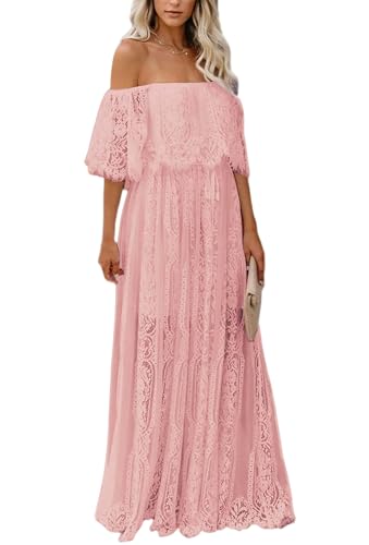Image of HOYISHION Women's Off The Shoulder Floral Lace Maxi Dress White Bridesmaid Wedding Party Maternity Photoshoot Long Dresses