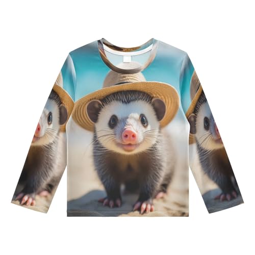 Kawaii Opossum Beach Boys Rash Guard Long Sleeve UPF 50+ Boys Swim Shirt Quick Dry Shirt for 3-12 Years