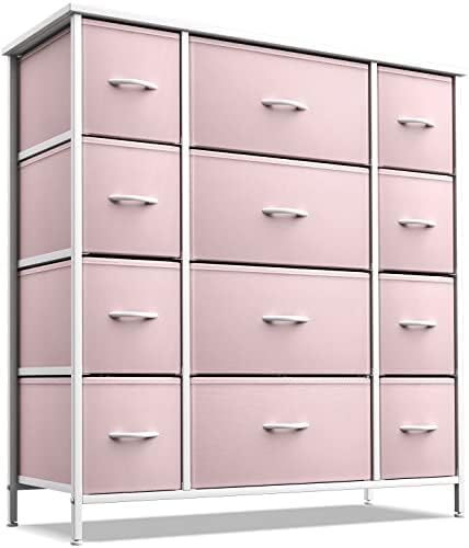 Sorbus Kids Dresser with 12 Drawers - Chest Organizer Unit with Steel Frame Wood Top & Handle, Fabric Bins for Clothes - Large Furniture for Bedroom Hallway Kids Room Nursery & Closet (Pink)
