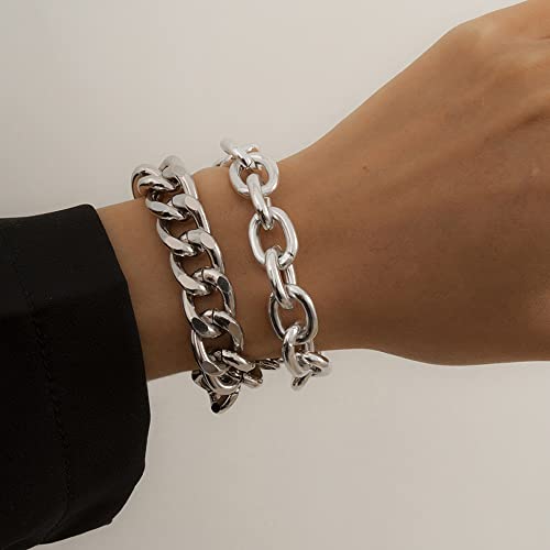 Boho Fashion Dainty Simple Gold Silver Chain Beads Bracelets Set for Women Adjustable Beaded Chunky Flat Cable Chain Punk Bracelets Jewelry for Women Gift Set of 2 (Silver)2