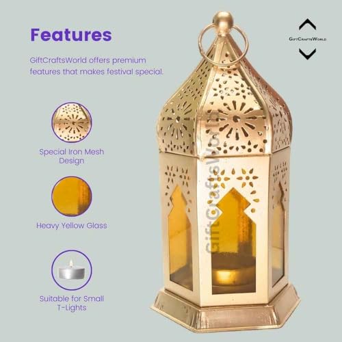 Image of Moroccan Lanterns & Candle Holders for Home Decor - Unique Diwali & Christmas Gifts (Yellow - Blue, Set of 2)