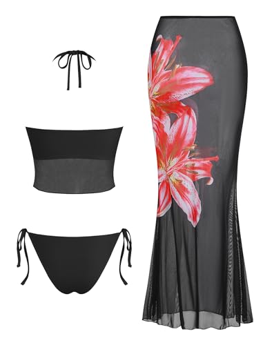 Image of ZAFUL Women 3 Piece Bikini with Cover Up Skirt Halter Bandeau Swimsuit Floral Tie Side Cheeky Bathing Suit