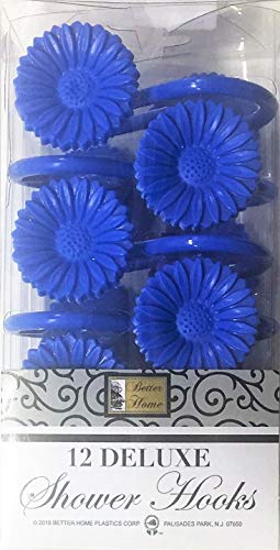 Better Home 12 Daisy Flower Deluxe Shower Hooks S" Shaped Fun Design Curtain Rings (Navy Blue) #TOP27