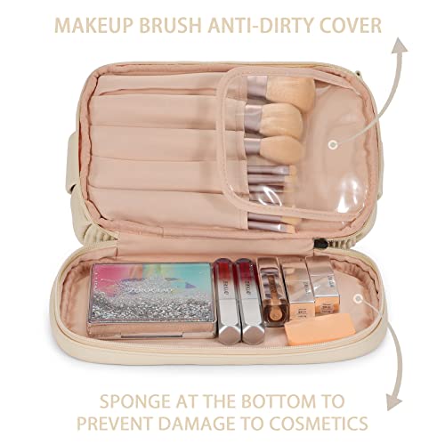 Travel Cosmetic Bag Large Capacity Travel Makeup Bag For Women, Leather Double Layer Makeup Bag With Makeup Brush Compartment, Makeup Bag For Girls Travel Bathroom Portable Beige Makeup Bag #TOP3