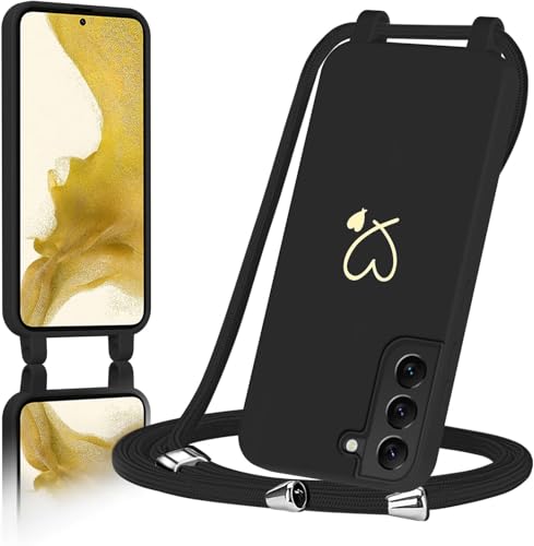AoozeFon Handyband für Samsung Galaxy S22 Hülle mit Band Handyhülle Silikon mit Goldenem Herzmuster für Samsung S22 Abnehmbare Stoßdämpfend Handytasche mit Nylon-LanyardSchwarz